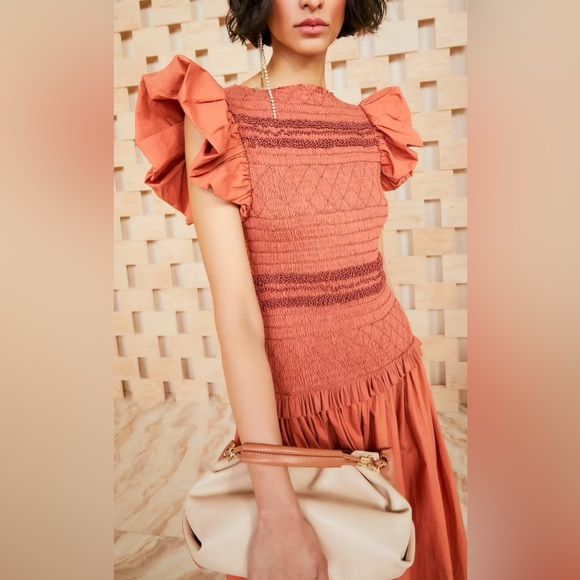 Ulla Johnson Flutter Sleeve Smocked Midi Madeline Dress, Clay Sz 2 (NWT) - Picture 4 of 9